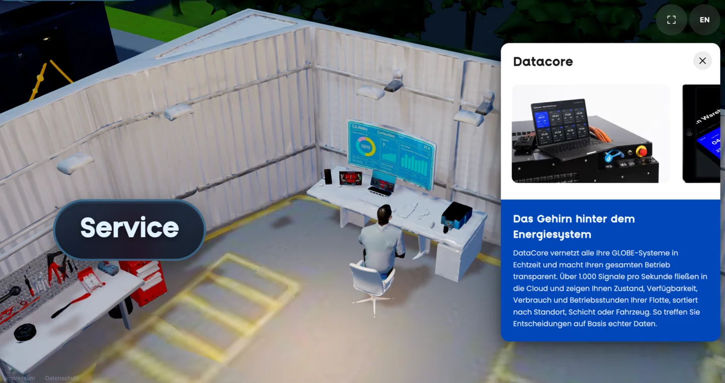 Service-Bereich der 3D-Welt mit Infokarte zum Datacore