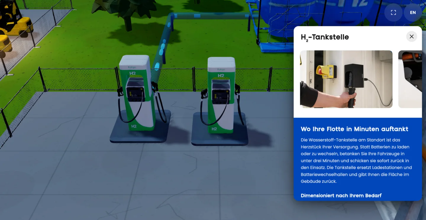 Wasserstoff-Tankstelle in der 3D-Welt mit geöffneter Infokarte