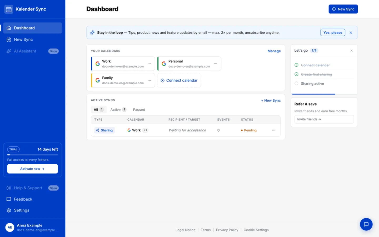 Dashboard von Kalender-Sync mit verbundenen Kalendern und aktiven Syncs