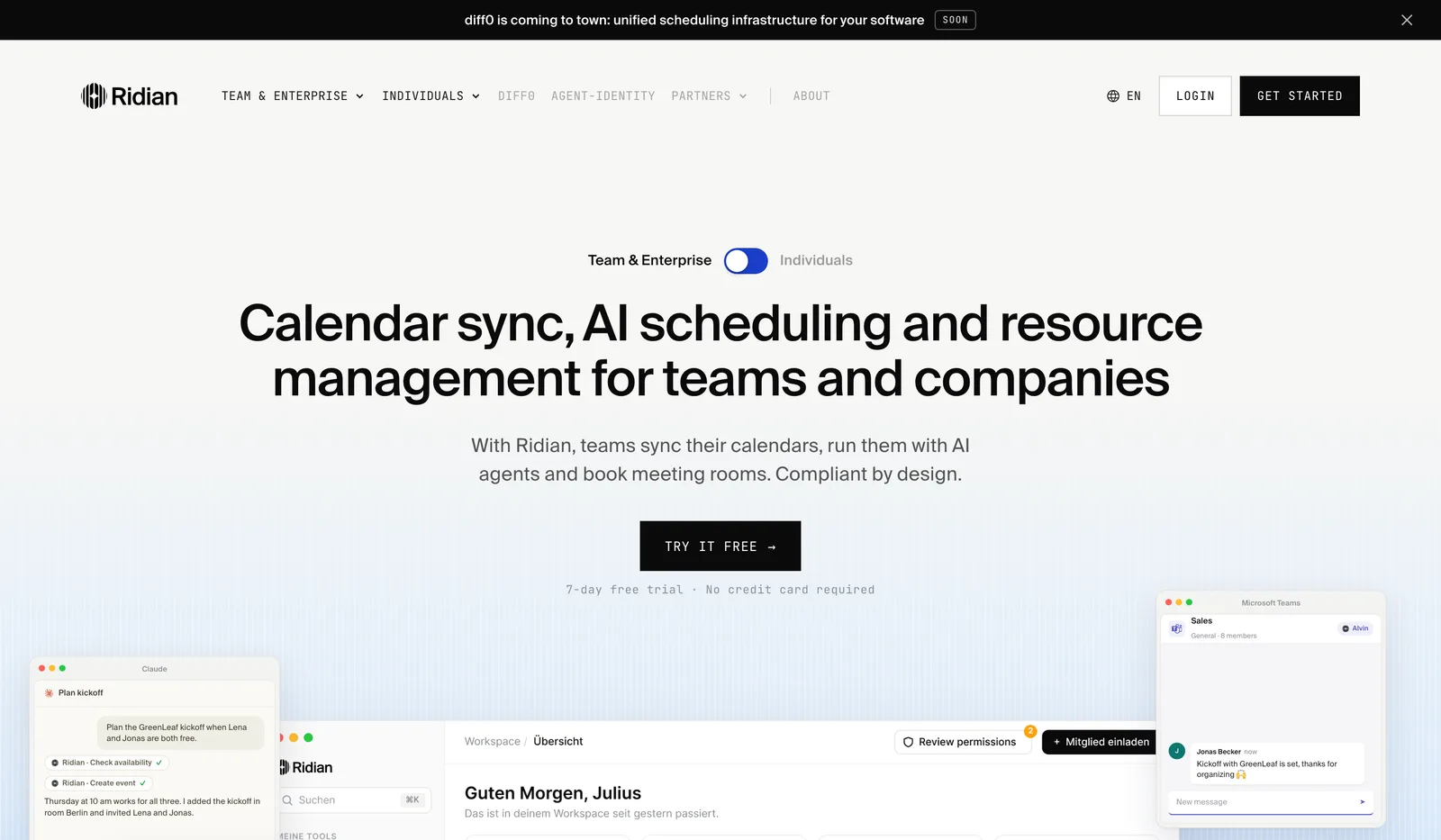 Startseite von getridian.com mit der Überschrift zu Kalendersync, KI-Planung und Ressourcenverwaltung