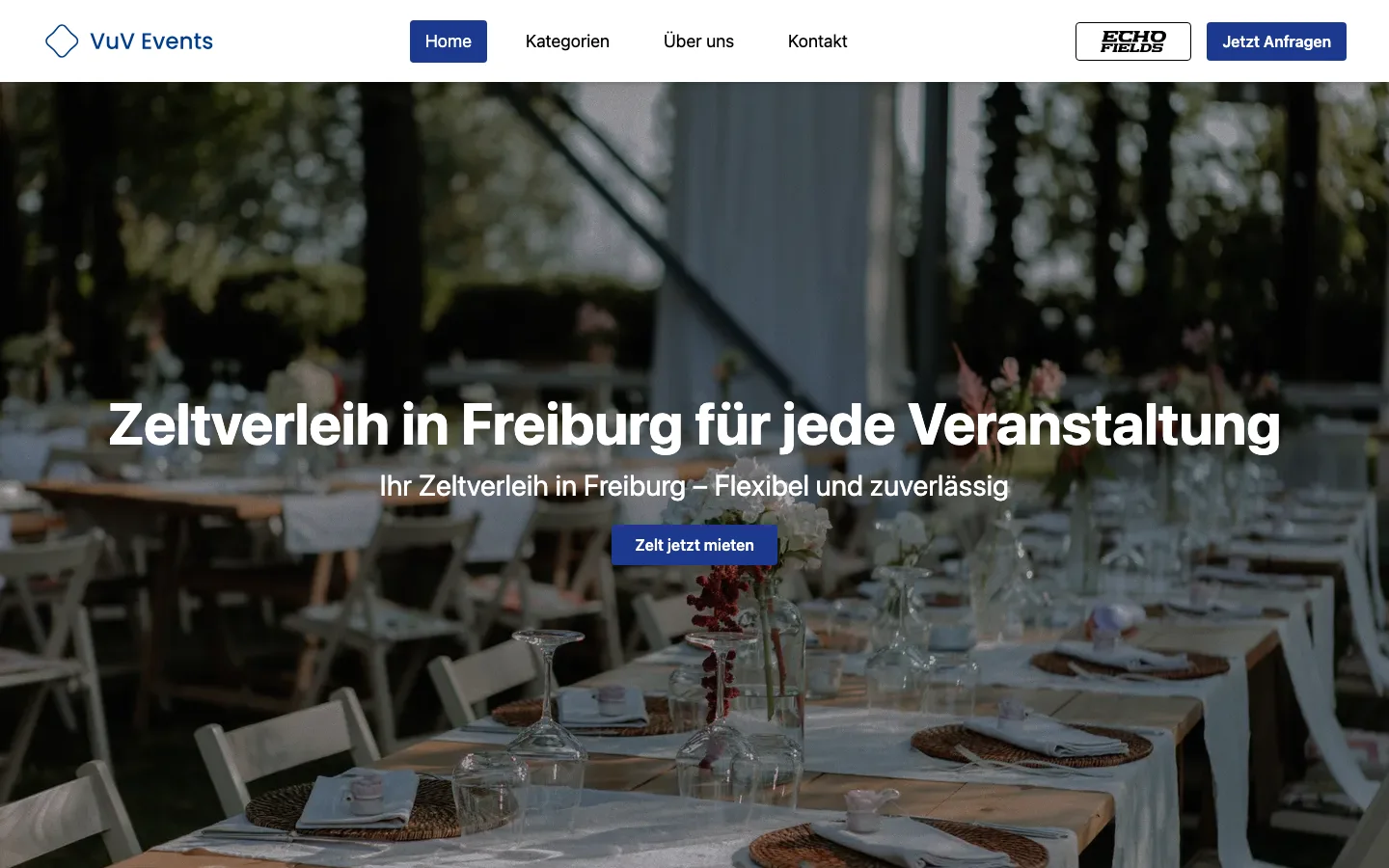 Startseite von vuv.events mit Zeltverleih-Hero und Anfrage-Button